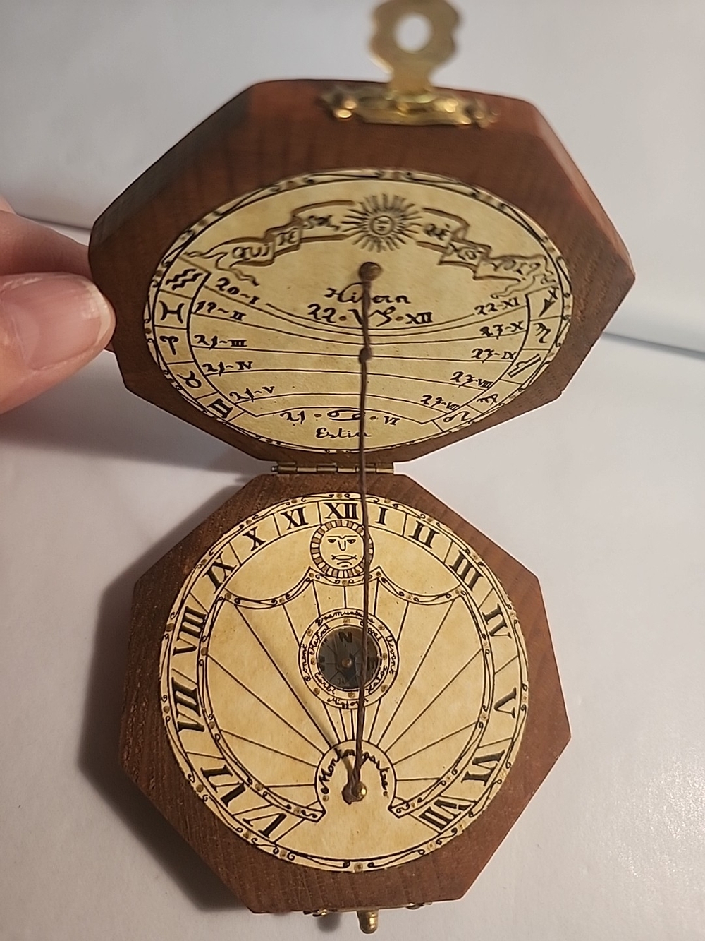 Vintage Wooden Diptych Sundial Compass Replica Reproduction Hinge Japan